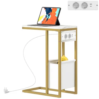 HOMCOM Masa auxiliara in forma de C cu statie de incarcare, buzunar de depozitare din material textil cu aspect marmura, 46 x 25 x 62,5 cm, alb | Aosom Romania imagine