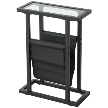 HOMCOM Masa auxiliara ingusta, colt de canapea din metal cu suport pentru reviste si blat din sticla temperata, 40 x 18 x 55,5 cm, negru | Aosom Romania imagine