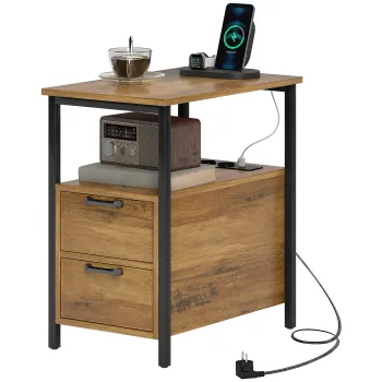 HOMCOM Masa auxiliara masa de noapte cu 2 prize port USB 1 priza tip C cablu de 143 cm sertare si raft lemn natural | Aosom Romania imagine