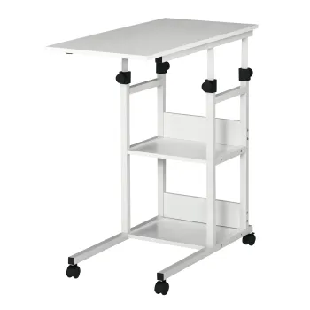 HOMCOM Masa auxiliara Masa rulanta Masa de pat pentru Laptop Inaltime reglabila - 2 rafturi integrate - cadru metalic Alb | Aosom Romania imagine