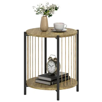 HOMCOM Masa Auxiliara Rotunda de 2 Nivele cu Raft si Structura de Otel pentru Sufragerie Dormitor 43,5x43,5x51 cm Lemn Natural | Aosom Romania imagine