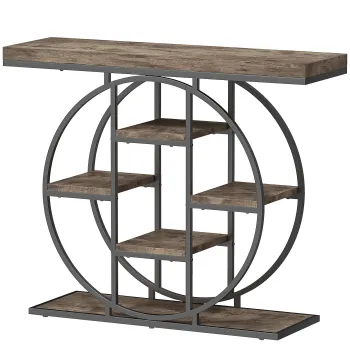 HOMCOM Masa consola industriala cu rafturi si cadru circular din otel, 100 x 30 x 81,5 cm, maro rustic | Aosom Romania imagine