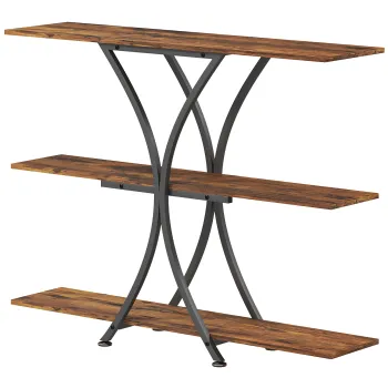 HOMCOM Masa Consola Masa pentru Canapea cu 2 Polite Deschise si Cadru Metalic in X Stil Industrial Maro Rustic | Aosom Romania imagine