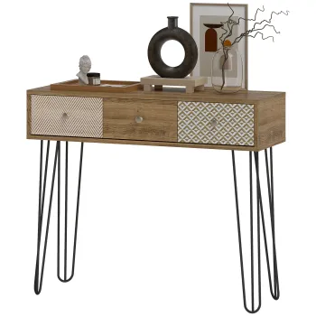 HOMCOM Masa console cu 3 sertare, masa de intrare ingusta cu picioare in forma de ac de par din otel, 90 x 30 x 75 cm, maro | Aosom Romania imagine