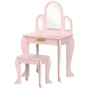 HOMCOM Masa cu oglinda si taburet, set de vanitate pentru copii, birou de machiaj pentru fete cu sertar pentru copii de 3-6 ani, roz | AOSOM RO imagine