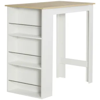 HOMCOM Masa de Bar cu 3 Polite si Bara de Protectie, Blat de Bucatarie din Otel si PAL, 112x57x106 cm, Alb imagine