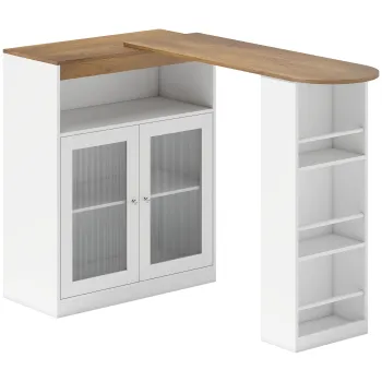 HOMCOM Masa de Bar Extensibila si Rotativa 360? cu Rafturi Deschise si 2 Usi din Sticla 150x80x105,5 cm Alb si Lemn Natural | Aosom Romania imagine