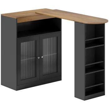 HOMCOM Masa de Bar Extensibila si Rotativa 90? cu Rafturi Deschise si 2 Usi din Sticla 150x80x105,5 cm Negru si Natural | Aosom Romania imagine