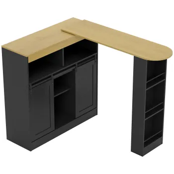 HOMCOM Masa de bar extensibila, transformabila in forma in L, mult spatiu de depozitare, 3 rafturi reglabile, PAL, MDF, Negru | Aosom Romania imagine