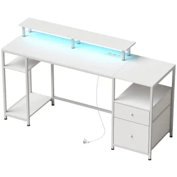 HOMCOM Masa de birou cu lumini LED, sertare, prize, porturi USB si suport pentru monitor 155,5x48x88,5 cm Alb | Aosom Romania imagine