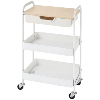 HOMCOM Masa de bucatarie carucior de servire 2 rafturi sertar tava aspect de lemn deschis otel PP alb | Aosom Romania imagine