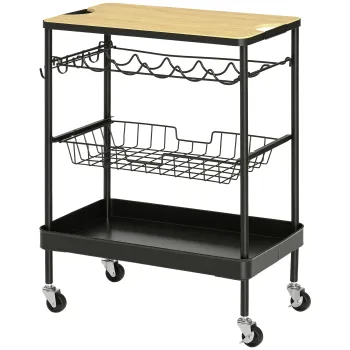 HOMCOM Masa de bucatarie cu roti si suport multifunctional cu suport pentru sticle, cos detasabil, tava si 4 carlige pentru bucatarie, living 60,5x35,5x75 cm Negru si stejar | Aosom Romania imagine