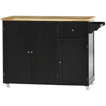 HOMCOM Masa de bucatarie insula multi-depozitare 1 sertar 2 dulapuri 3 usi cu raft suport prosoape lemn de hevea negru | Aosom Romania imagine