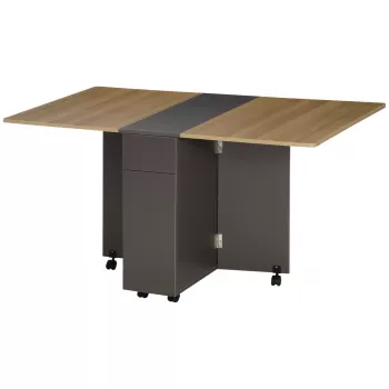 HOMCOM Masa de bucatarie pliabila dreptunghiulara din PAL cu 2 sertare, un dulap si 6 roti, mobilier bucatarie, culoare maro | AOSOM RO imagine