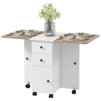 HOMCOM Masa de bucatarie pliabila masa de mancare pliabila cu 2 blaturi rabatabile cu 2 sertare 1 dulap alb si stejar | Aosom Romania imagine