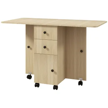 HOMCOM Masa de Bucatarie Pliabila, Masa Rabatabila cu Roti si Frane pentru 6 Persoane, Birou Pliabil cu 2 Sertare si Dulap, pentru Living, 120x60x76.5 cm, Lemn Natural | Aosom Romania imagine