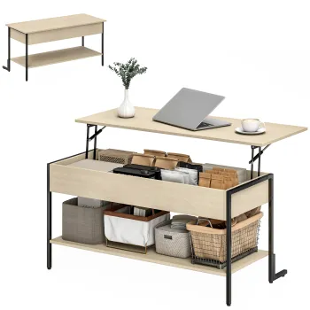 HOMCOM Masa de cafea cu blat extensibil, masa de cafea cu compartiment ascuns si raft deschis, 95x40x59cm, lemn natural | Aosom Romania imagine