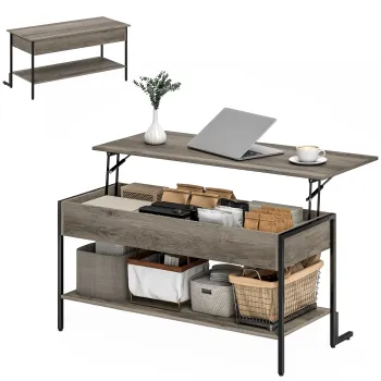 HOMCOM Masa de cafea cu blat rabatabil, masa de salon cu compartiment ascuns si raft deschis, 95x40x59cm, gri | Aosom Romania imagine