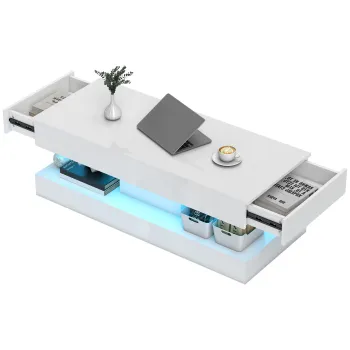 HOMCOM Masa de cafea cu sertare si lumini LED, masa laterala moderna cu raft deschis, masa de cafea, placaj, Alb | Aosom Romania imagine