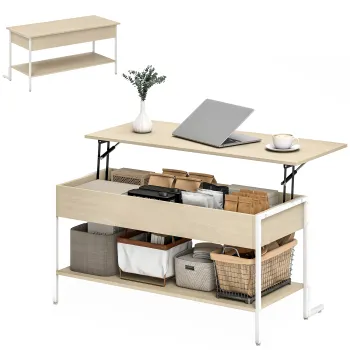 HOMCOM Masa de Cafea Extensibila cu Inchidere Blanda Spatiu Ascuns de Depozitare si Raft Deschis 95x40x59 cm Lemn Natural si Alb | Aosom Romania imagine