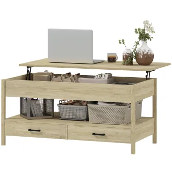 HOMCOM Masa de cafea extensibila, masa de cafea cu sertare si compartiment ascuns pentru sufragerie, birou acasa, stejar | Aosom Romania imagine