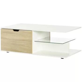 HOMCOM Masa de cafea, masa de ceai moderna cu raft din sticla calita si doua sertare, mese de cafea pentru camera de zi, camera de pat, alb | AOSOM RO imagine