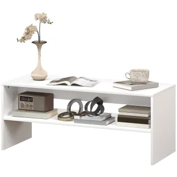 HOMCOM Masa de Cafea Moderna cu 2 Niveluri, cu Raft Deschis si Picioare Antiderapante, 100x40x41,5 cm, Alb | Aosom Romania imagine