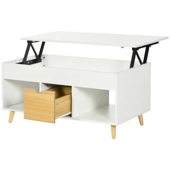 HOMCOM Masa de cafea rectangulara cu blat rabatabil 1 sertar, 2 rafturi si cutie - din lemn aspect lemn deschis si alb | Aosom Romania imagine