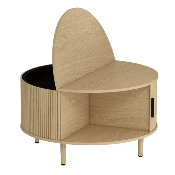 HOMCOM Masa de cafea rotunda 80 cm cu blat rabatabil si depozitare ascunsa, usa glisanta canelata, lemn natural | Aosom Romania imagine