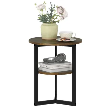 HOMCOM Masa de cafea rotunda, capat de canapea industrial cu rafturi de depozitare si cadru din otel, O 40 x 48 cm, maro | Aosom Romania imagine