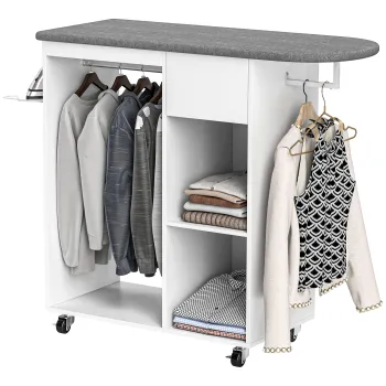 HOMCOM Masa de Calcat cu Suport pentru Fier de Calcat, Suport pentru Haine, Sertar si Raft, 125x43,5x112 cm, Alb | Aosom Romania imagine