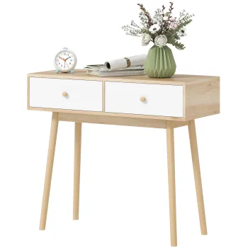 HOMCOM Masa de consola cu 2 sertare si picioare din lemn, pentru living, intrare, hol, 86 x 35 x 75 cm, stejar si alb | Aosom Romania imagine