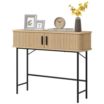 HOMCOM Masa de consola, masa de consola cu usi culisante cu lame si picioare din otel, pentru sufragerie, stejar si negru | Aosom Romania imagine