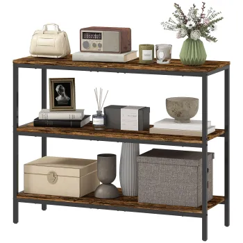 HOMCOM Masa de consola, Tabel Auxiliar cu Raft de 3 Nivele, Placi de Lemn, Metal, Maro Deschis | Aosom Romania imagine