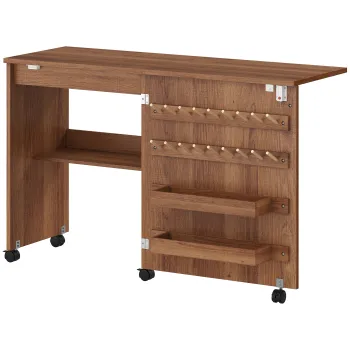 HOMCOM Masa de Cusut Pliabila, Masa de Lucru cu Usa Magnetica, 2 Compartimente, Raft de Depozitare, 18 Suporturi pentru Ate, Roti Blocabile, Dulap pentru Masina de Cusut, Maro | Aosom Romania imagine