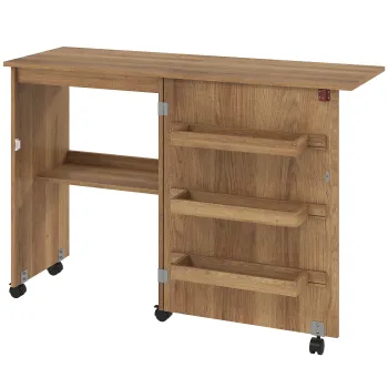 HOMCOM Masa de cusut pliabila mobilier cusut cu blat rabatabil, cosuri de depozitare, etajera deschisa si roti, maro | Aosom Romania imagine