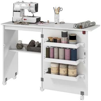 HOMCOM Masa de cusut pliabila mobilier de cusut cu blat rabatabil, cosuri de depozitare, raft deschis si roti, alb | Aosom Romania imagine