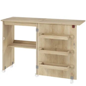 HOMCOM Masa de cusut pliabila mobilier de cusut cu blat rabatabil, tavi de depozitare, etajera deschisa si roti, lemn natural | Aosom Romania imagine