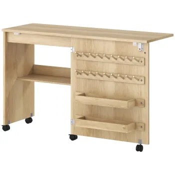 HOMCOM Masa de Cusut Plianta, Mobil pentru Cusut pe Roti, Usa Magnetica tip Sura, 2 Tavi, Raft, 18 Suporturi pentru Bobine, Natural | Aosom Romania imagine