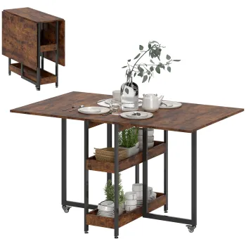 HOMCOM Masa de Dining Extensibila in stil industrial, pentru pana la 4 persoane, rafturi deschise, flexibila, Metal, Placa de melamina, Maroniu | Aosom Romania imagine