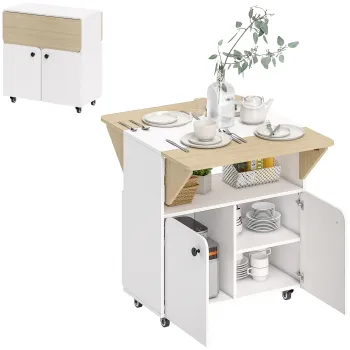 HOMCOM Masa de Dining Pliabila cu Dulap pe Role, doua parti pliabile ale mesei, Dulap, 4 Roti, Alb+Lemn natural, 70 x 83 x 75 cm | Aosom Romania imagine