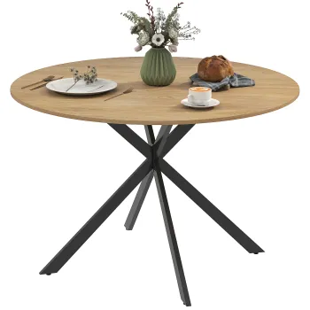 HOMCOM Masa de dining rotunda pentru 4 persoane 120 cm stil industrial cu plank aspect lemn, picioare incrucisate din otel, stejar | Aosom Romania imagine
