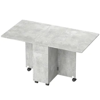 HOMCOM Masa de Luat Masa Pliabila, Masa de Bucatarie cu Blaturi Rabatabile si Roti cu Frane pentru 6 Persoane, Birou Compact cu 2 Sertare, 2 Usi si Dulap, pentru Living, 140x76x74i cm, Gri Ciment | Aosom Romania imagine