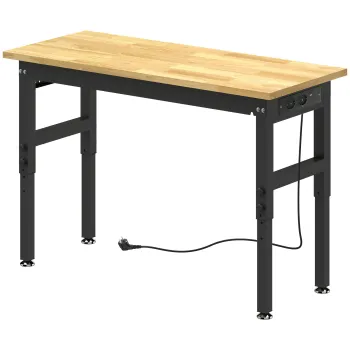 HOMCOM Masa de Lucru Reglabila 122 cm, Blat Robust din Lemn de Cauciuc, 2 Prize AC si 2 Porturi USB, Panou Perforat, Capacitate 900 kg, pentru Garaj, Atelier si Casa | Aosom Romania imagine