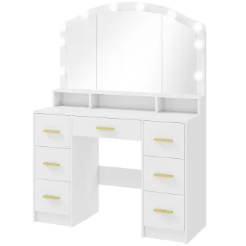 HOMCOM Masa de machiaj cu 10 becuri LED Hollywood, oglinda, 7 sertare, 3 compartimente, MDF, Alb | Aosom Romania imagine