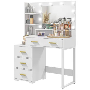 HOMCOM Masa de Machiaj cu 4 Sertare, 6 Rafturi Deschise si Oglinda, Dulap Machiaj din Lemn, 100x40x138 cm, Alb imagine