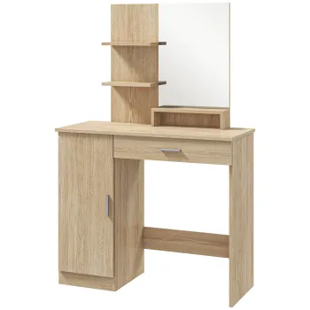 HOMCOM Masa de Machiaj cu Dulap, Sertar, Rafturi si Oglinda, lemn natural | Aosom Romania imagine