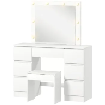 HOMCOM Masa de Machiaj cu Oglinda, 8 Lumini LED, Scaun si 7 Sertare Alb | Aosom Romania imagine
