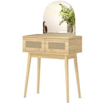 HOMCOM Masa de Machiaj cu Oglinda Arcuata 2 Sertare cu Fata din Ratan pentru Spatii Mici Natural | Aosom Romania imagine