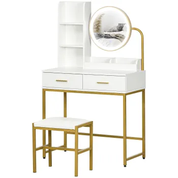 HOMCOM Masa de Machiaj cu Oglinda Iluminata si Taburet, Masa de Toaleta cu Sertare si Rafturi, 80x40x138 cm, Alb | Aosom Romania imagine
